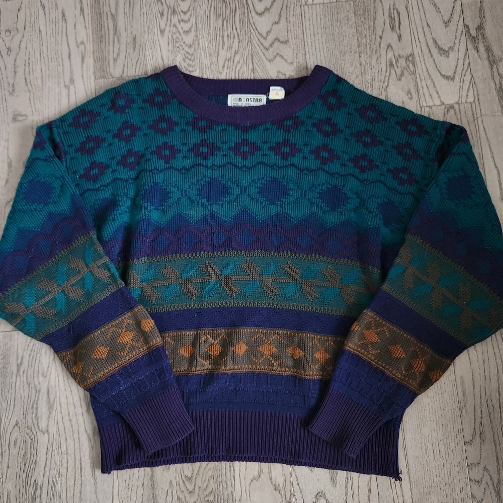 Vintage 90s Sweater Mens Medium Purple Teal Abstract Diamond